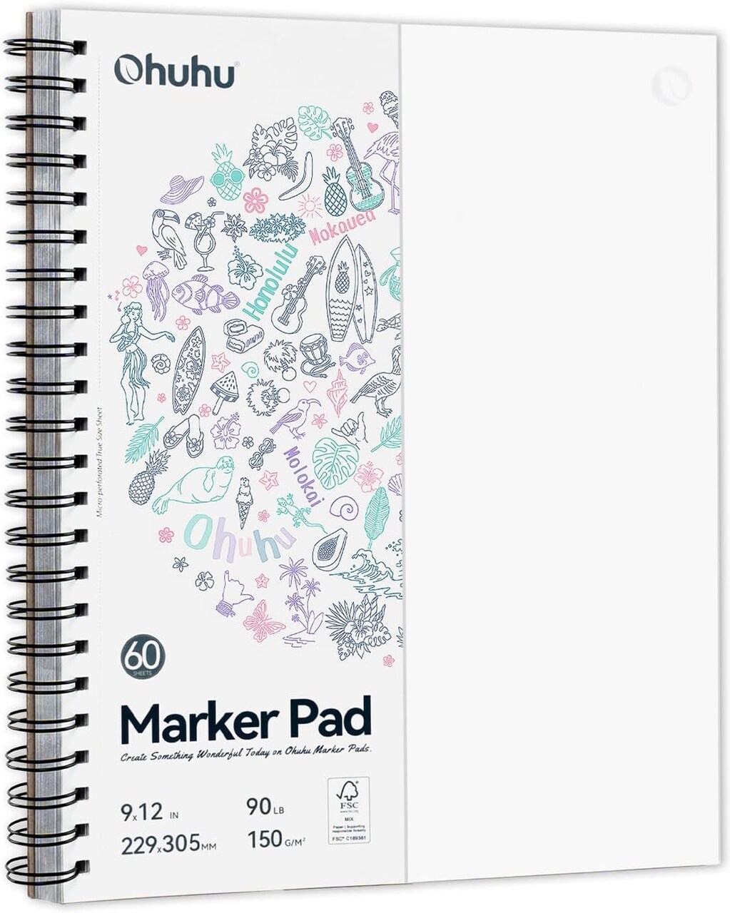Ohuhu Double Sided Marker Pads Art Sketchbook Bleedproof - 9"x12" Large Paper Size - 90LB/150GSM Smooth Drawing Paper - 60 Sheets/120 Pages, Spiral Bound Sketching Book for Alcohol Markers Christmas